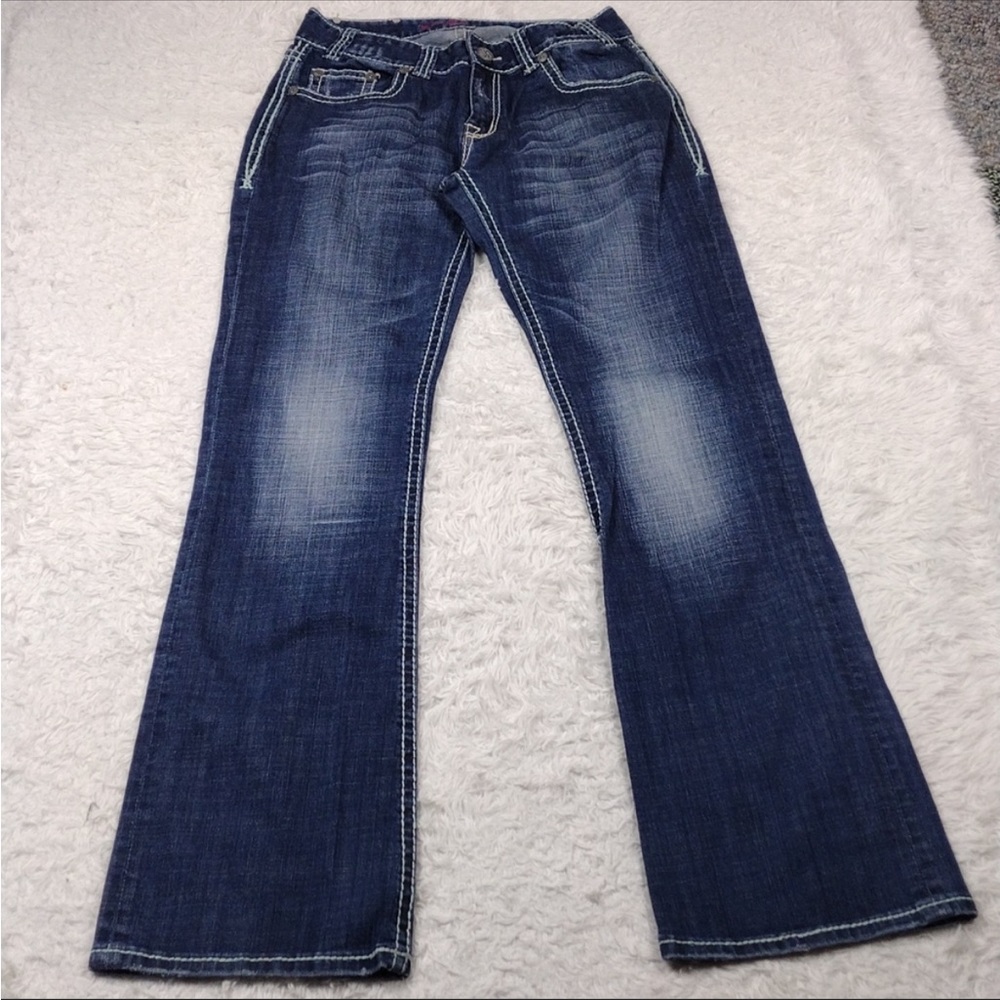 Rock & Roll Cowgirl Five Pocket Mid Rise Medium Wash Western Boot Cut Blue Jeans